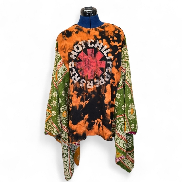 Red Hot Chili Peppers Handcrafted Upcycled Band Tee With Kantha Sleeves - Picture 2 of 3